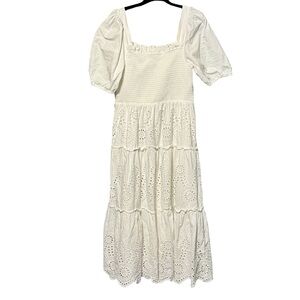 Gibson Latimer Cotton Lace Eyelet Puff Sleeve Tiered Midi Length White Dress